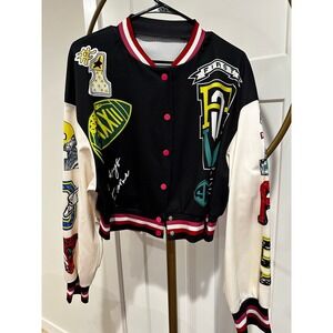 First Row Varsity Bomber Jacket XXL Black White Graphic Patch Cropped Streetwear